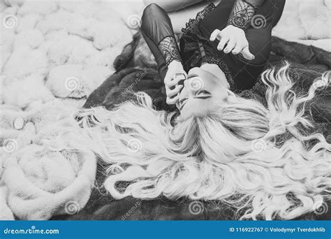Girl With Blond Long Curly Hair Lie On Natural Fur Stock Image Image Of Hairstyle Natural