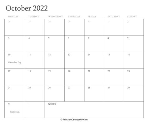 October 2022 Calendar Printable With Holidays