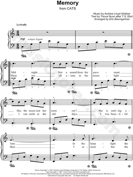 Auswahl für ein soloinstrument, ensemble oder chor. "Memory" from 'Cats' Sheet Music (Easy Piano) in C Major ...