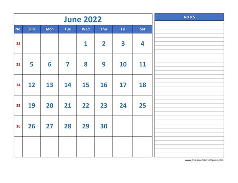 June Calendar 2022 Grid Lines For Holidays And Notes Horizontal
