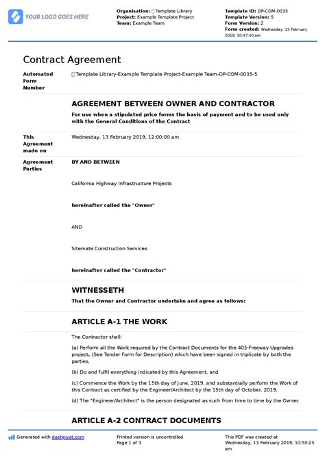 Contract Agreement for Construction Work [sample + template]