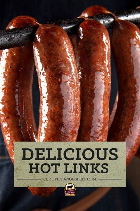 Three Sausages Hanging From A Grill With The Title Delicious Hot Links