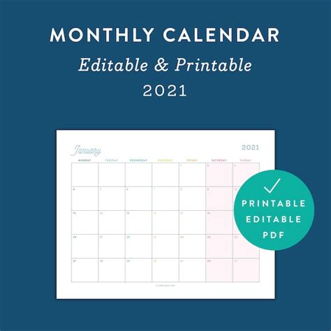 Editable 2021 Monthly Calendar Printable Template Business Format