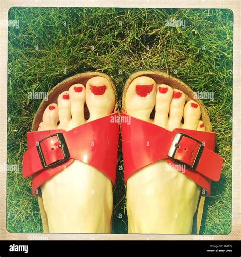 Painted Toes In Sandals On Grass Stock Photo Alamy
