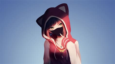 Download 1920x1080 Wallpaper Anime Girl In Hoodie Mask