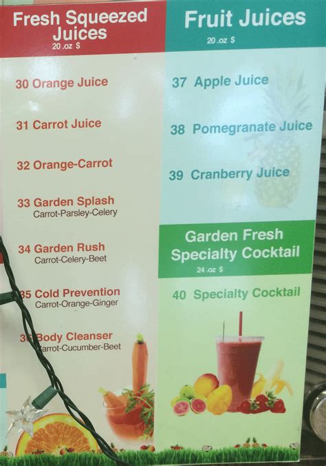 True, you should be able to enjoy whole fruits, veggies and other whole ingredients on the go, but lugging around that giant bag of groceries all day is impractical and, frankly, weird. Garden Fresh Grill & Smoothie Menu - Evan's Menus