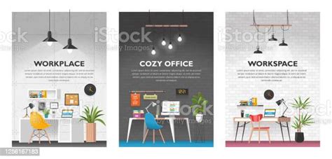 Creative Set Of Office Interiors In Loft Space Modern Cozy Workspace