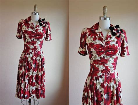 1930s Dress Vintage 30s 40s Rayon Jersey Dress W Novelty Flower S M