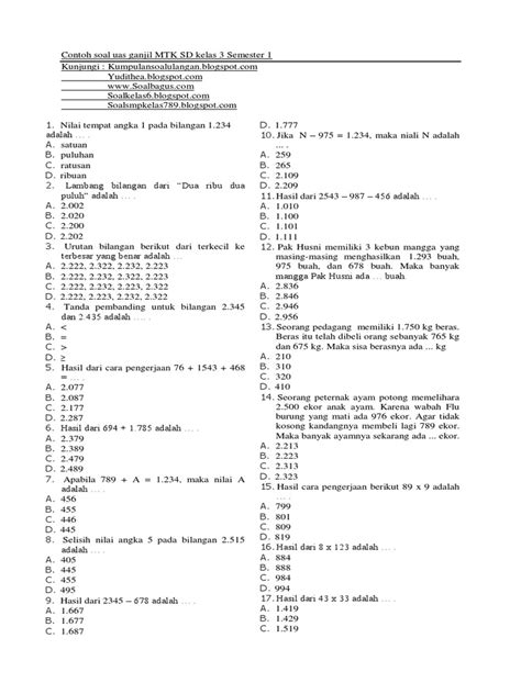 Soal Uas Mtk Kelas 3 Sd Semester 1 Lengkap