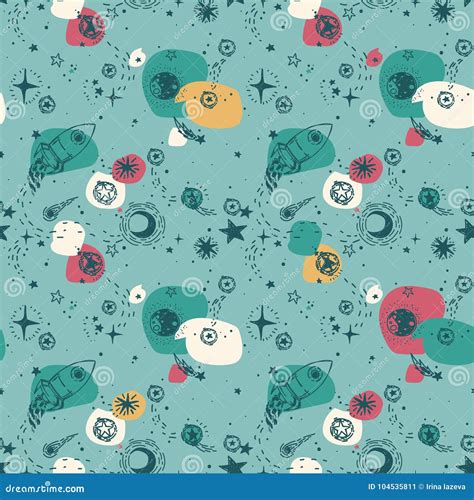 Seamless Pattern For Journey To Space With Sketch Stars Rocket Comets