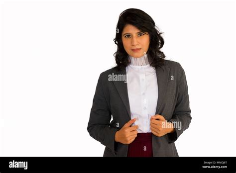 Stylish Woman In Business Suit Looking At Camera Front Pose Stock