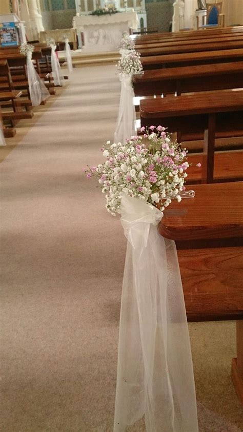 Babys Breath Posies In Pink And White With Trailing Organza Sashes