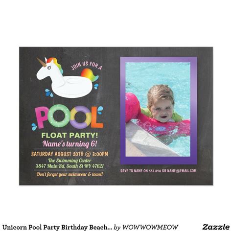 Unicorn Pool Party Birthday Beach Float Photo Invitation Unicorn Pool Party Pool Birthday Party