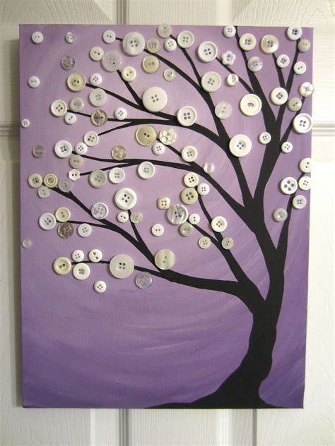 Purple And White Button Tree Painting Original Acrylic With Vintage