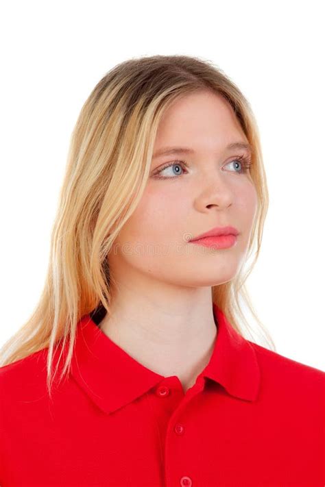Blonde Girl With Red T Shirt Stock Photo Image Of Isolated Cute
