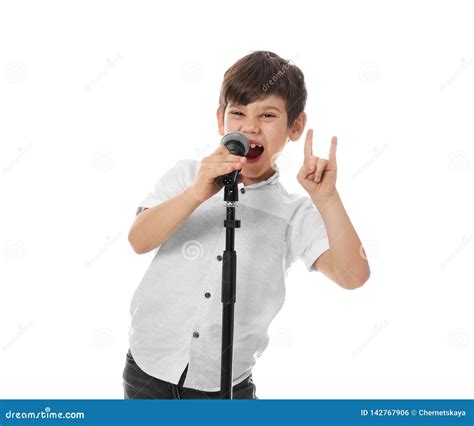 Cute Little Boy Singing Into Microphone Stock Photo Image Of Isolated