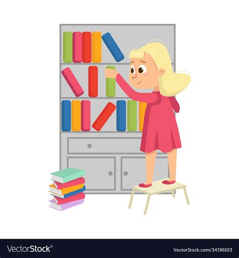 Little Girl Putting Books On Bookcase Or Bookshelf