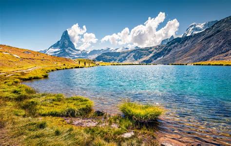 Sunny Summer View Of Stellisee Lake Breathtaking Outdoor Scene With