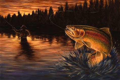 Fly Fishing Painting Rainbow Trout Artwork Stretched Canvas Print Ebay