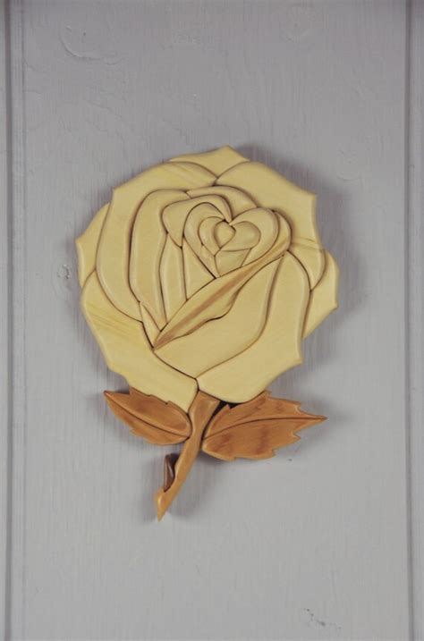 White Aspen Rose Art Flower Wood Intarsia Floral Wall Etsy