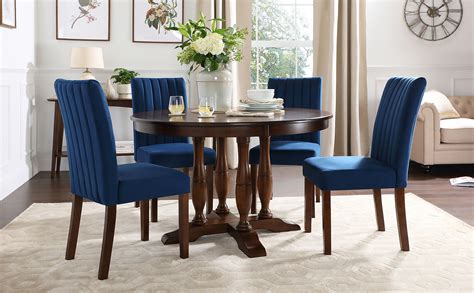 Highgrove Round Dark Wood Dining Table With 4 Salisbury Blue Velvet