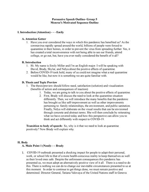 Persuasive Speech Outline Introduction Attention Emily A