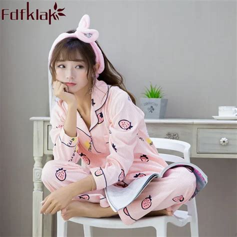 Korean Pajamas Spring Autumn Fashion Home Clothes Lounge Sleepwear Ladies Long Sleeve Pajamas
