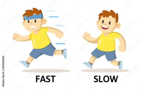 Words Fast And Slow Opposites Flashcard With Running Cartoon Boy