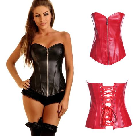 Black Plastic Bonded Faux Leather Overbust Burlesque Zipper Sexy Corset Top Corsets And Bustiers