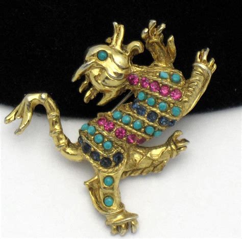 Vintage Vendome Dragon Rhinestone Turquoise Goldplated Brooch Pin