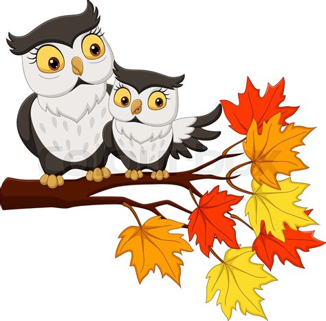 Cute Mother Owl Cartoon And Baby On Tree Branches Stock Vector