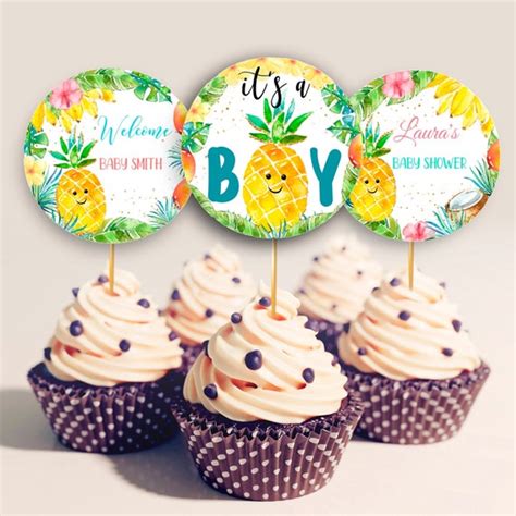 Editable Aloha Baby Shower Cupcake Toppers Boy Baby Shower Decorations