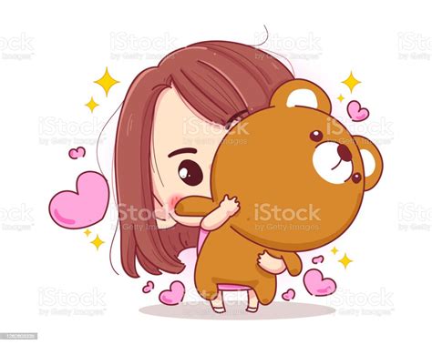 Character Of Cute Girl Hug Teddy Bear Doll With Happy Valentines T