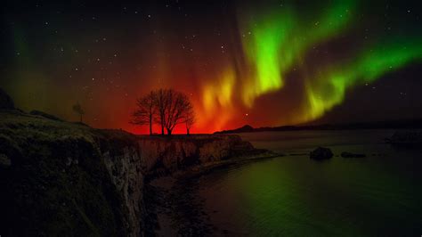 Cliff Sky Colorful Trees Nature Stars Aurorae Starry Night