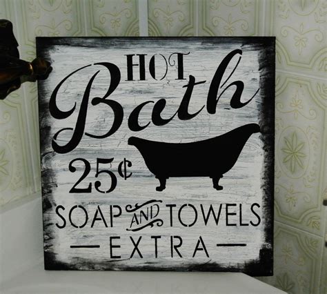 Bath Sign Hot Bath 25 Cents White And Black Bathroom Decor Vintage