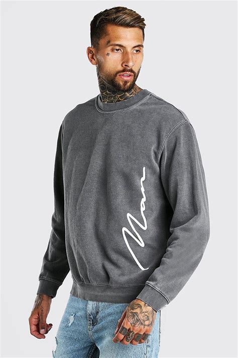 Boohooman Cotton Oversized Man Signature Print Overdyed Sweater In Grey