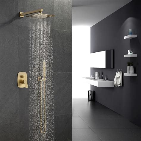 Brushed Gold All Brass Bathroom Shower Set 8 Inch Rainfall Shower Head Shower Faucet Wall