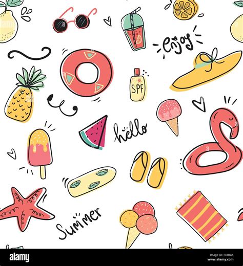 Cute Doodle Summer Collection Pattern Seamless Flat Vector Illustration