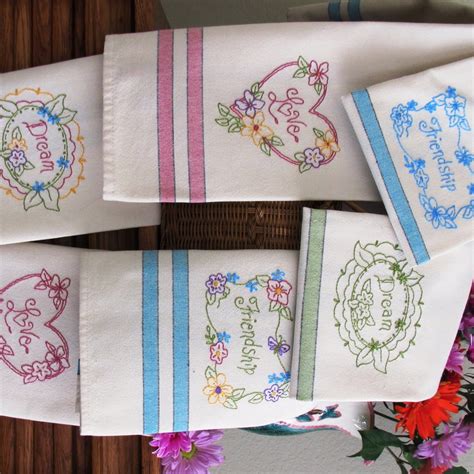 Pretty Flowers Hand Embroided On Bright Tea Towels