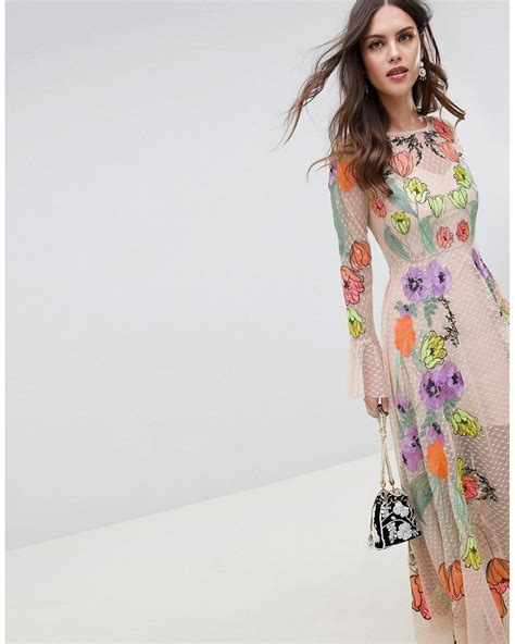 Asos Embroidered Floral Maxi Dress In Natural Lyst