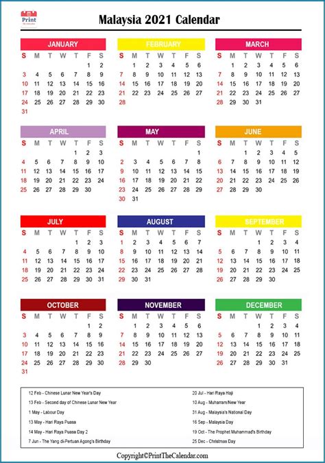Free Printable Calendar 2021 Malaysia Public Holiday