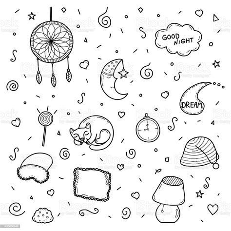 sleep relax time dream night doodle set vector stock illustration download image now morning