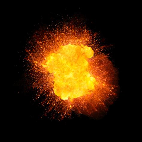 Realistic Explosion Orange Color With Sparks Isolated On Black