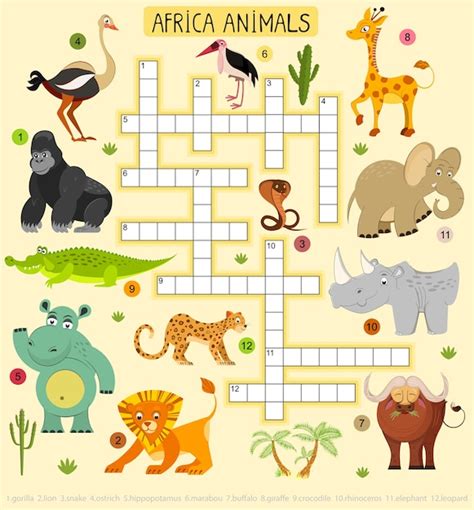 Crucigrama De Animales Africanos Para Niños Ilustración De León Y