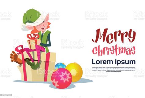 christmas elf girl cartoon character santa helper with present box stock illustration download