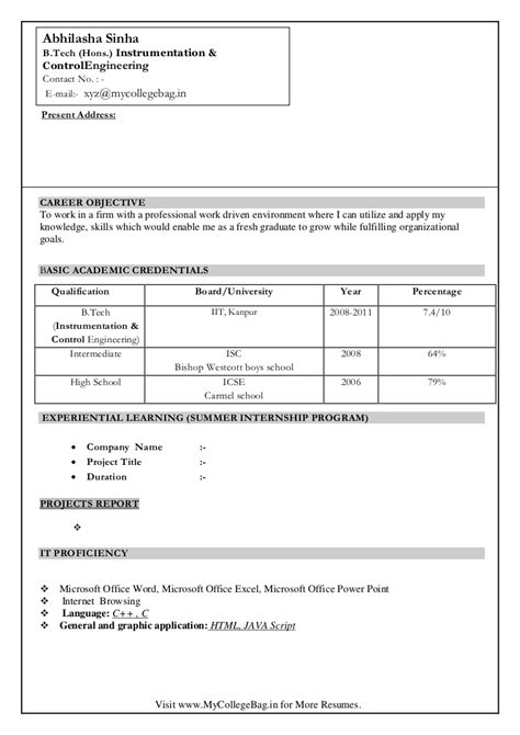 If you want to download resume format for freshers in ms word format then please select any sample resume format bellow Instrumentation control freshers resume format sample