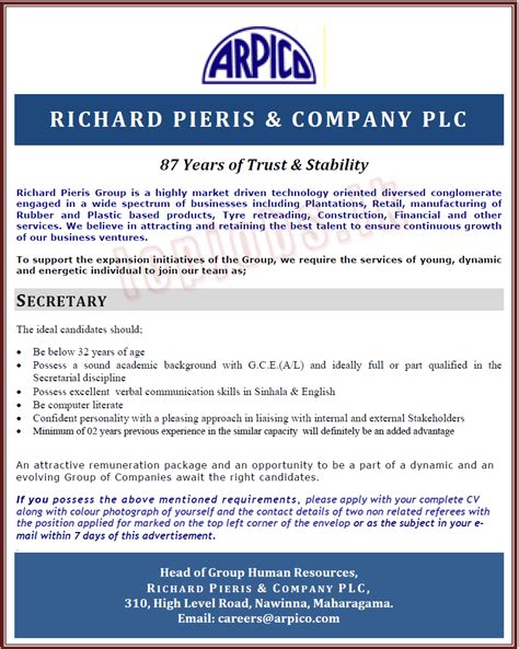 Suggestions will appear below the field as you type. Job Vacancy in Srilanka - Secretary - Richard Pieris ...