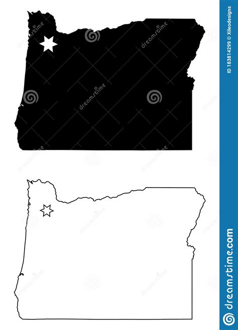 Oregon Or State Map Usa With Capital City Star At Salem Black