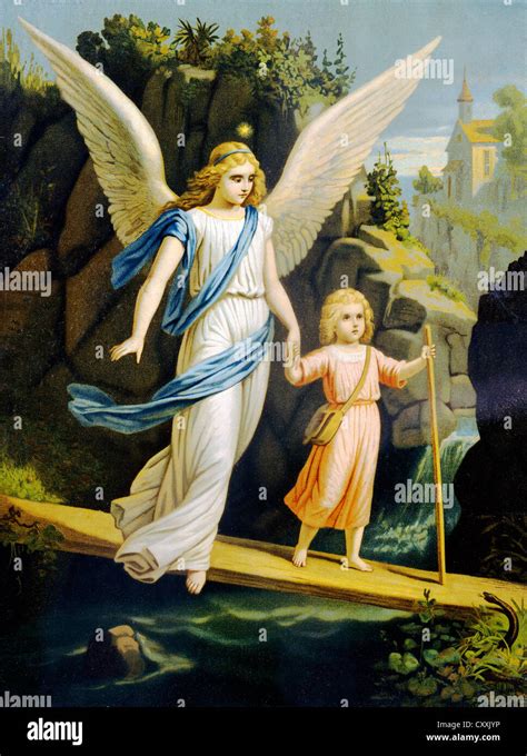 Guardian Angel Leading A Child Across A Bridge Print