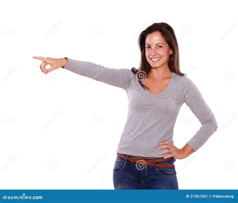 Smiling Lady Pointing To Her Right Looking At You Stock Image Image